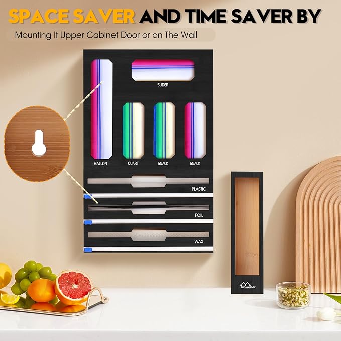 9 in 1 Foil and Plastic Wrap Dispenser with Cutter, Black Bamboo Ziplock Bag Organizer for Drawer - Holds Gallon, Quart Bags & Aluminum Foil/Wax Paper, Wall Mountable Kitchen Storage - Image 4