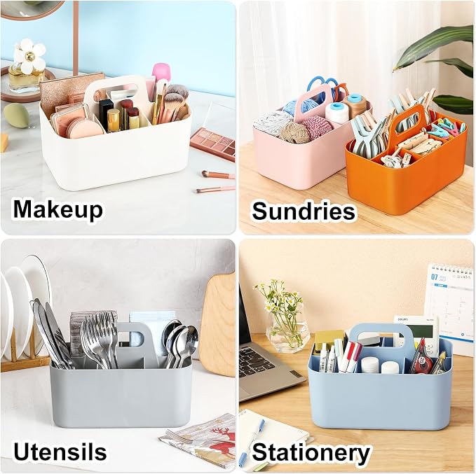 Multiuse Caddy Organizer with Handle, Portable Divided Plastic Tote Bin - Art Craft, Stationary Pen Marker Crayon, Makeup Hair Supplies Storage - Bathroom, Classroom, Dorm, Office, Desk Holder -Orange - Image 2