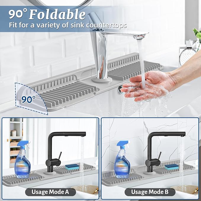 PoYang 24 Inch Faucet Mat for Kitchen Sink Splash Guard, Light Grey | Sink Protectors with 7° Slope for Smooth Drainage, Snap Button Holds It in Place, 90° Foldable & Cuttable Hole Fit Most Sinks - Image 2