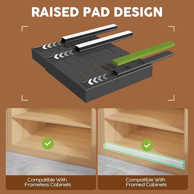 Seinloes 6Pack Expandable Pull Out Cabinet Organizer 21"Deep with Raising Pad for Framed Cabinets,Slide Out Drawers with 4pcs Divider Racks,Roll Out Shelves Adhesive,Adjustable Width 12.05"-20.4"Black - Image 2