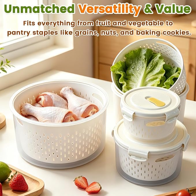 TBMax 8 Pieces Airtight Fruit Storage Containers for Fridge with Air Circulation Vent, 4 Pack Round Produce Saver with Colander for Berry Lettuce Salad Vegetable Storage, Refrigerator Organizers - Image 6