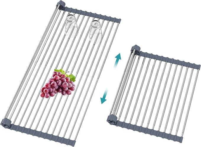BBXTYLY Extra Large Expandable Roll Up Dish Drying Rack,Over The Sink Drying Rack Sink Cover Kitchen Sink Accessories Kitchen Rolling up Stainless Steel Drainer, Foldable,Rollable（Gray，22.8''-12.4''） by BBXTYLY