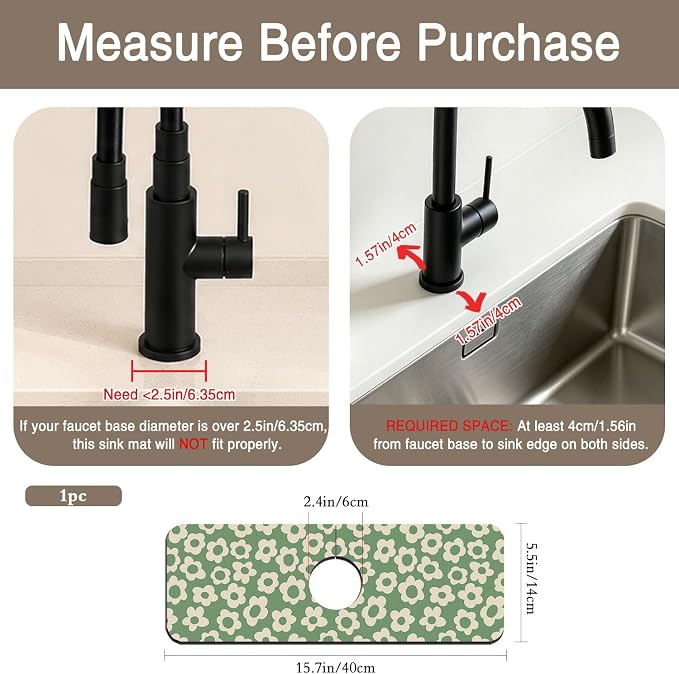 Faucet Mat for Kitchen Sink Vintage Groovy Flower Green Daisy Sink Splash Guard Behind Faucet Soft Diatom Mud Material Non-slip Easy to Clean for Bathroom & Kitchen 15"X5.5" - Image 2