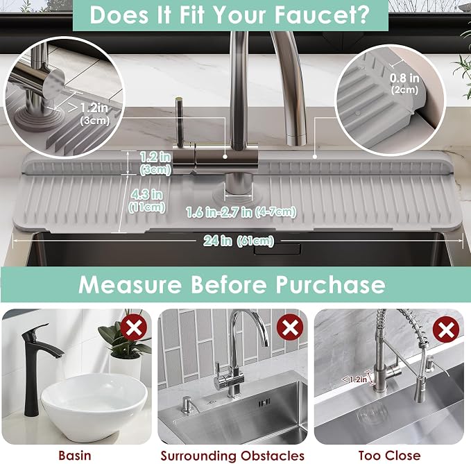 24-Inch Silicone Faucet Mat for Kitchen Sink Splash Guard, 7° Slope | 24"x5.5" water draining mat with fasten button; 1.6-2.75" customizable hole for bathroom, RV & kitchen sink drip catcher. - Image 2