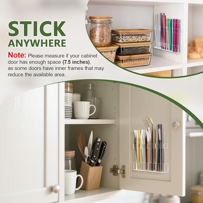 7.5" Small Acrylic Straw Holder for Cabinet Door - Reusable Tumbler Straw Organizer Storage, Small Kitchen Accessories Container, Ultra Sticky Cupboard Door Mounted (Transparent) - Image 5