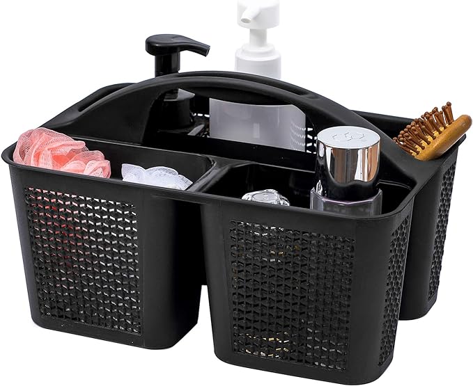 Plastic Portable Shower Caddy Basket with Handle, 3 Compartments, Black | Storage Organizer with Drain Holes, Sturdy and Durable For Bathroom, Kitchen, College Dorm, Sink, Camping by UUJOLY