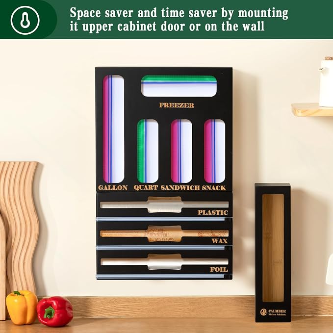 Calmbee 9 in 1 Bamboo Storage Bag Organizer for Kitchen Drawer – Plastic Wrap Dispenser with Cutter & Foil Organizer, Wooden Baggie Organizer for Sandwich, Snack, Gallon, Quart Sizes, Black - Image 6