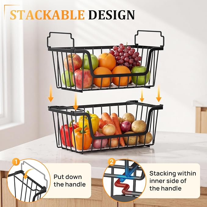 SUNALLY Stackable Storage Bins 4 Pcs Wire Baskets Freezer Organizer, Black | Pantry Organizers Storage, Vegetable Fruit Storage Basket for Countertop, Kitchen Baskets for Onion Potato Snack Cans Storage - Image 5