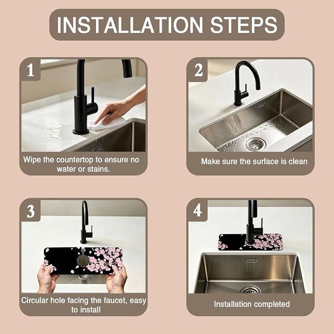 Faucet Mat for Kitchen Sink Romantic Cherry Blossoms Sink Splash Guard Behind Faucet Soft Diatom Mud Material Non-slip Easy to Clean for Bathroom & Kitchen 15"X5.5" - Image 4