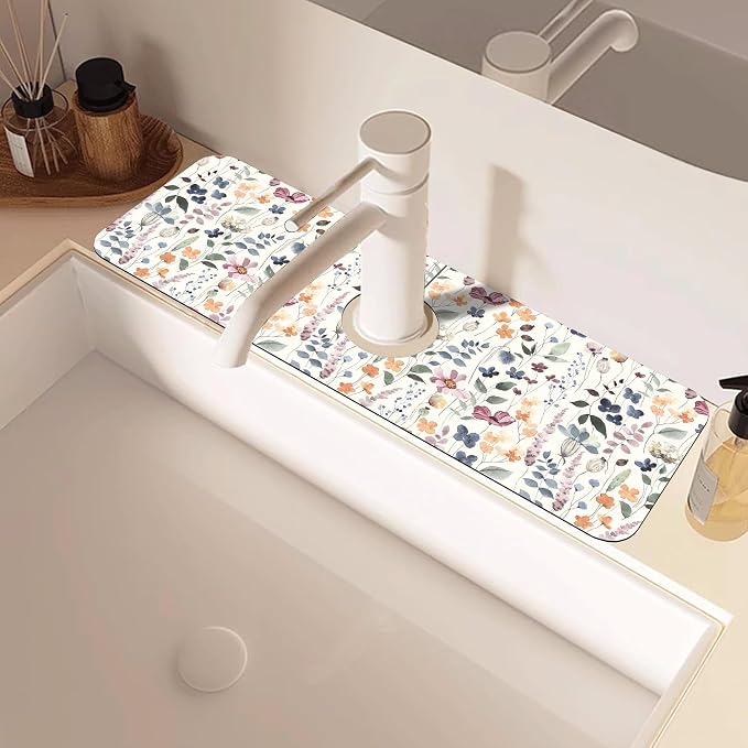 Vintage Watercolor Floral Kitchen Sink Splash Guard Mat Absorbent Fast Drying Mat Faucet Draining Mat Sink Splash Guard Behind Faucet Drip Catcher for Kitchen Bathroom 5.5"×15" - Image 2