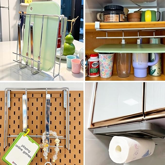 Under Cabinet Cutting Board Organizer, Stainless Steel 2 in1 Pot Lid & Chopping Board Rack, Cutting Board Storage, Kitchen Pot Lid Holder, Under Cabinet Shelf for Home Kitchen Utensils, Paper Towel - Image 5