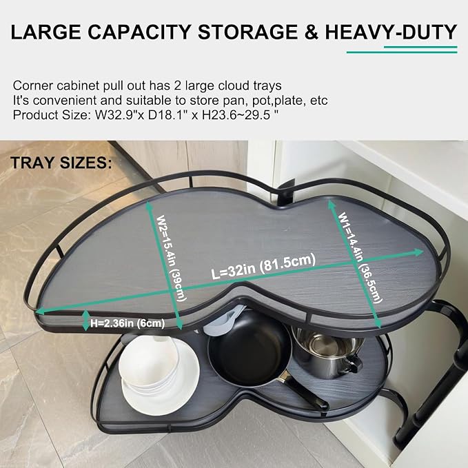 Blind Corner Cabinet Organizer Pull Out Swing Left Lazy Susan for Corner Cabinet 36in, 2-Tier Shelf Kitchen Cupboard Magic Corner Pull Out with Soft Close, Adjustable Height, Black - Image 6