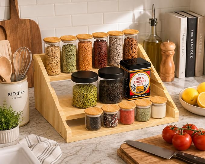 Solid Wood Spice Rack Organizer for Countertop & Cabinet, 4 Tier Adjustable Wooden Spice Shelf with Sliding Track, Premium Step Seasoning Bottle Holder for Kitchen, Pantry, Office, Natural Wood Color - Image 6