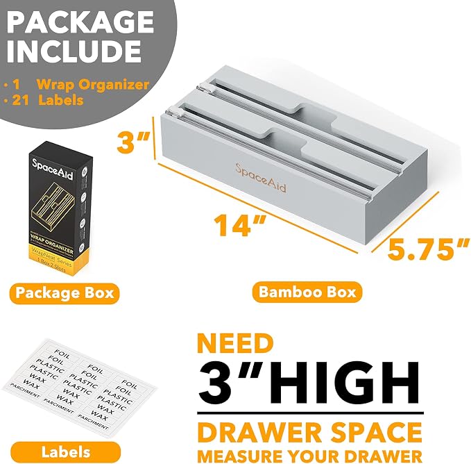 SpaceAid WrapNeat 2 in 1 Wrap Organizer with Cutter and Labels, Plastic Wrap, Aluminum Foil and Wax Bamboo Dispenser for Kitchen Storage Organization Holder for 12" Roll (Gray) - Image 3