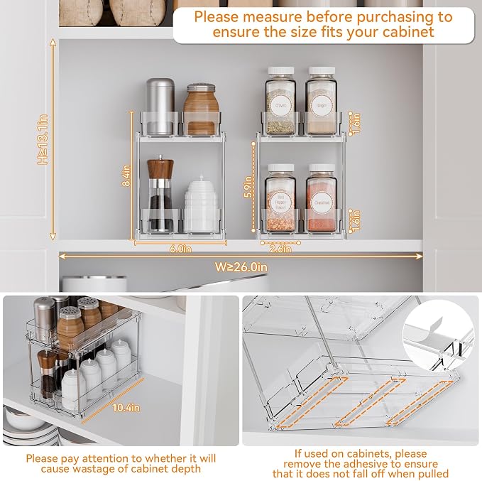 2 Tier Sliding Spice Racks for Cabinets,1 Pack 10.4'' Deep Narrow Vertical Spice Rack Pull Out for Inside Cabinets,Kitchen,Pantry,Cupboard Seasoning,Jar Organizer and Medicine Cabinet Storage - Image 4