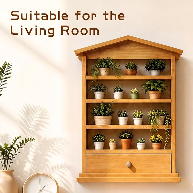 Natural Wood Spice Rack Wall Mount – 4-Tier Wooden Kitchen Organizer with Drawer, Holds 24 Small Spice Jars, Decorative Wall Display Shelf - Image 4