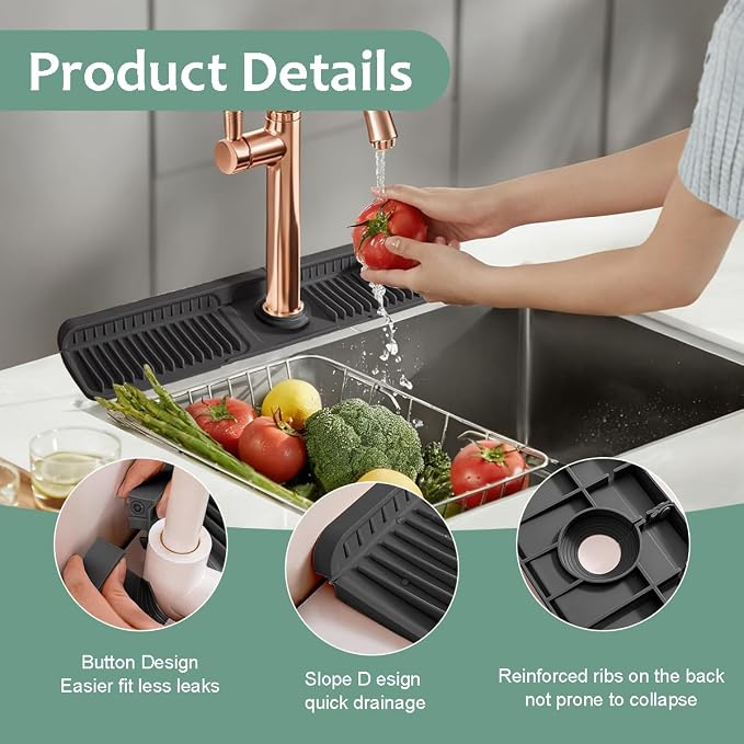 24 Inch Faucet Mat for Kitchen Sink Silicone Folding Faucet Mat for Bathroom Sink Splash Guard 7° Slope Water Draining Tray with Button Lock for Kitchen Bathroom Bar ect(Black) - Image 3