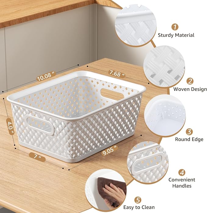 MaxGear 3 Pack Plastic Storage Baskets, Medium, White | Durable Woven Plastic with Built-In Handles, Suitable for Shelves, Closets, Cabinets, Bathrooms and Offices - Image 2