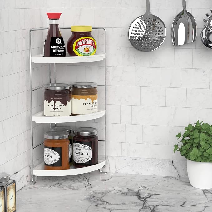 3-Tier Corner Bathroom Counter Shelf Stackable Perfume Storage Holder Makeup Countertop Organizer Standing Vanity Tray Kitchen Spice Rack,White and Silver - Image 4