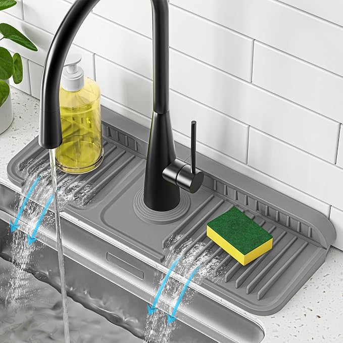 PoYang 14.6 Inch Faucet Mat for Kitchen Sink Splash Guard, Silicone, Grey | Sink Protectors with 7° Slope for Smooth Drainage, Snap Button Holds It in Place, 90° Foldable & Cuttable Hole Fit Most Sinks by PoYang