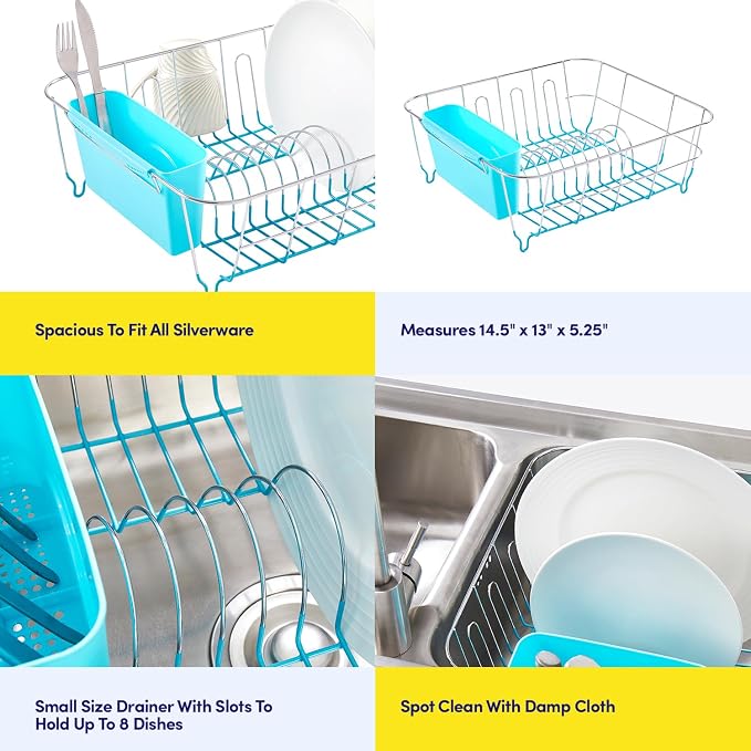 Dish Drying Rack & Cutlery Holder 2 Piece Set - Compact Sink-Fitting Dish Drainer with Rubberized Undercoating, Space-Saving Kitchen Organizer for Plates, Cups, Bowls & Utensils in Sink, Turquoise - Image 6