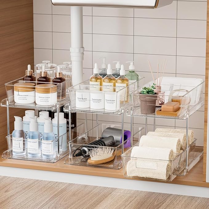 Bathroom Under Sink Organizers and Storage, 2 Tier, 3 Packs | Clear Vanity Countertop Pull-out Cabinet Organizer, Stackable Multi-Purpose Kitchen Pantry Organization with Dividers by Fabspace