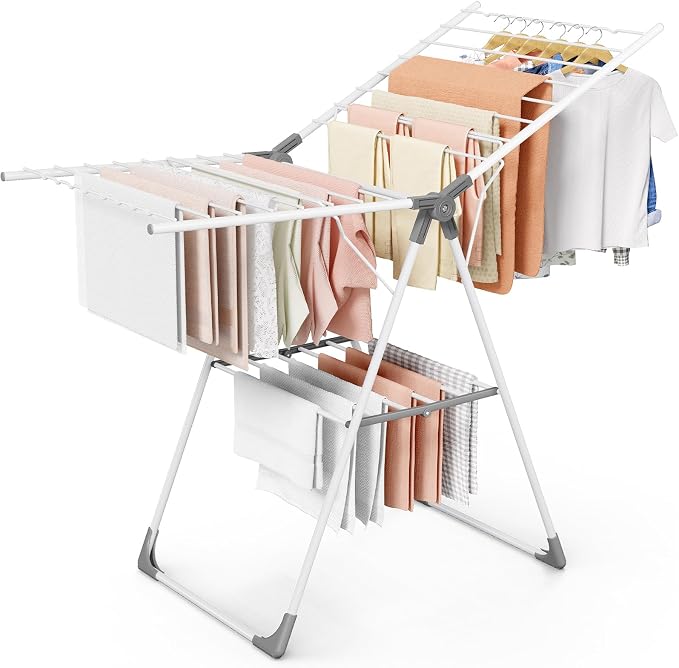 Sakugi Clothes Drying Rack, 55.5" Adjustable Wings, Foldable Design | Laundry Room, Bedroom, Outdoor & Indoor Use, Height Adjustable, Collapsible, White Gray, 55.5" L × 22.8" W by Sakugi