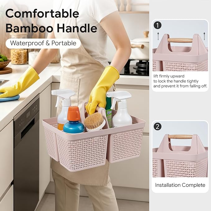 UUJOLY Portable Plastic Shower Caddy Basket with Wooden Handle, Pink | Divided Storage Organizer Tote for Bathroom, Dorm, College, Kitchen & RV – Lightweight, Easy-Carry Essentials Caddy - Image 2
