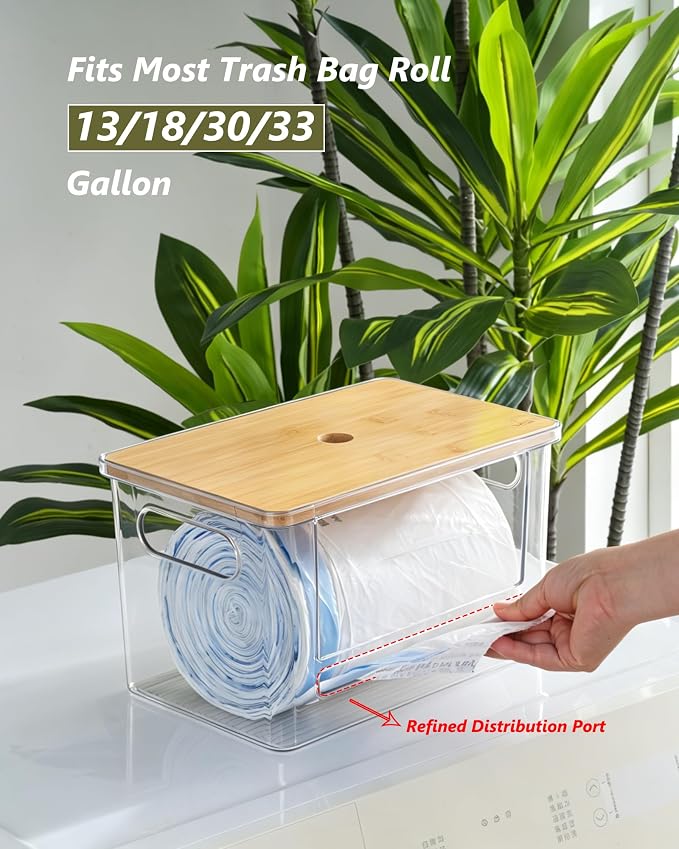 iCASA 3 in 1 Trash Bag and Dishwasher Pod Organizer Garbage Bags Dispenser | Large Acrylic Trash Bag Holder with Bamboo Lid, with 2 Pack Laundry Detergent Pods Container, Under Kitchen Sink Organizer - Image 5