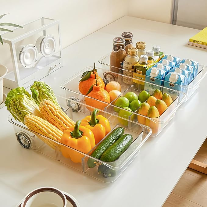 2Pack Roll Out Fridge Caddy Bins Pull Out Drawer with Wheels Refrigerator Organizer Bins with Handles Divided Fruit Caddy for Fridge Pantry Cabinet Storage Cans Drinks - Image 7