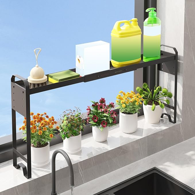 Over The Sink Shelf & Window Plant Shelf, Expandable Kitchen Organization | Adjustable in Height & Length, Multi-Purpose Storage Rack, For Stove, Bathroom, Study by Unknown