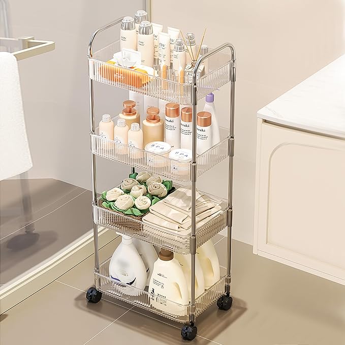 3 Tiers Rolling Storage Cart with Hanging Basket Acrylic Organizer | Acrylic Rolling Cart with Hanging Basket and Lockable Wheels, Ideal for Home, Office, Kitchen and Bathroom Storage - Image 6