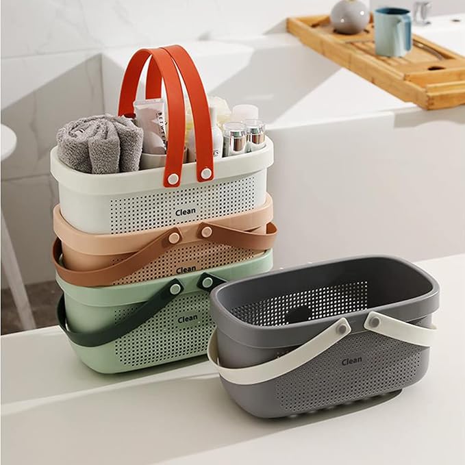 JiatuA Plastic Storage Basket with Handle Portable Shower Caddy Tote Organizer Basket Bin for Bathroom Kitchen Dorm Room Bedroom, Gray | Sturdy Drainage Large Capacity Organizer Basket with Silicone Handles for Bathroom Kitchen Bedroom College Dorm Ess... - Image 2