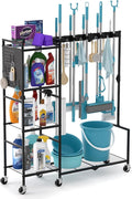Broom Holder with Cleaning Supplies Organizer, Heavy Duty Janitorial Housekeeping Cart with Mop Clips & Hooks, Home Essentials Broom Closet Storage, Multifunctional Cleaning Cart for Laundry by CRUDATE