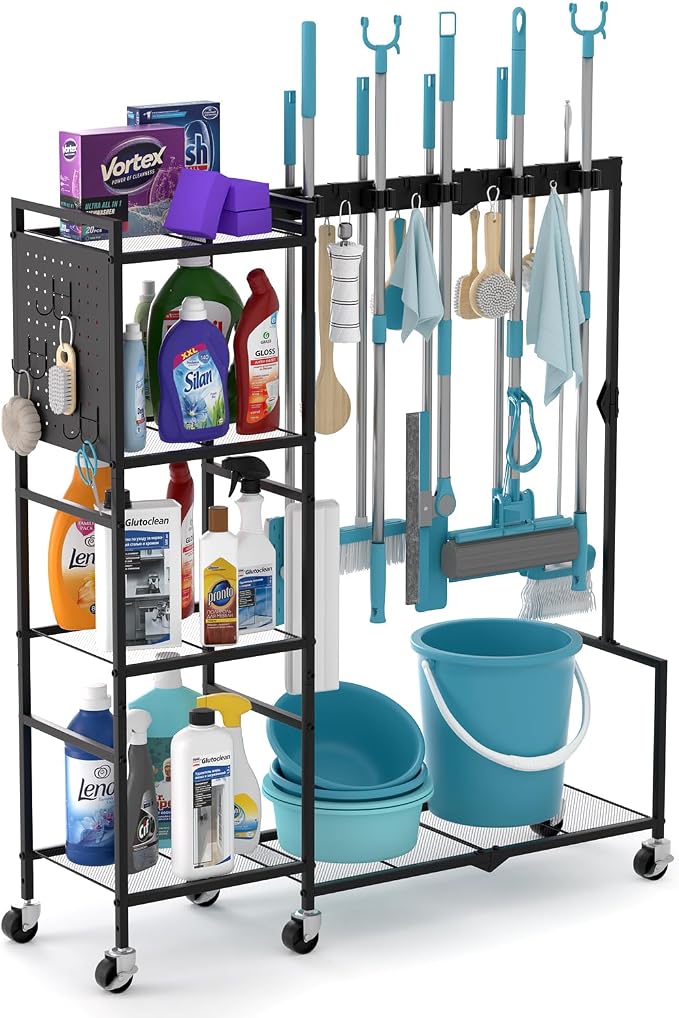 Broom Holder with Cleaning Supplies Organizer, Heavy Duty Janitorial Housekeeping Cart with Mop Clips & Hooks, Home Essentials Broom Closet Storage, Multifunctional Cleaning Cart for Laundry by CRUDATE