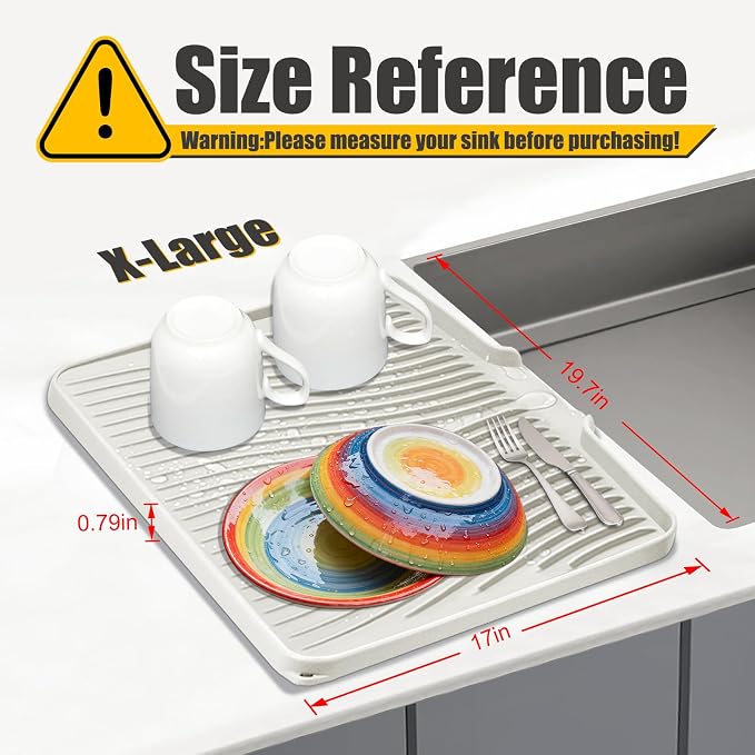 TIKNIK Silicone Dish Drying Mat for Kitchen Counter, Cream-1pcs, 20" x 15" | Heat Resistant & Non-Slip Dish Drain Pad with Built-In Drain, Dishwasher Safe, Quick-Dry, Hangable & Roll-Up for Storage - Image 2