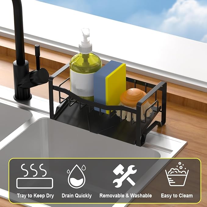 Stainless Steel Kitchen Sink Caddy Organizer with Auto Drain Tray, Sponge Holder for Countertop Storage - Image 3
