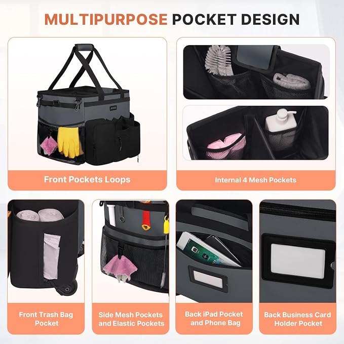 JKAOO Large Rolling Cleaning Caddy Bag with Detachable Trolley, Gray | Waterproof Cleaning Caddy with Wheels, 40L Wheeled Organizer Cart for Supplies, Housekeepers, Home, Office, Car, Picnic - Image 5