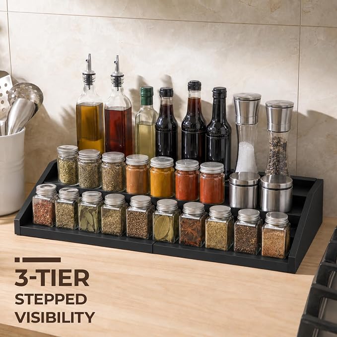 3-Tier Expandable Spice Rack Organizer, 12.8-22.6 in, Black | Adjustable, Countertop Stepped wood & iron Seasoning Organizer, Shelf for kitchen Cabinet Pantry Jars Bottles Syrup - Image 3