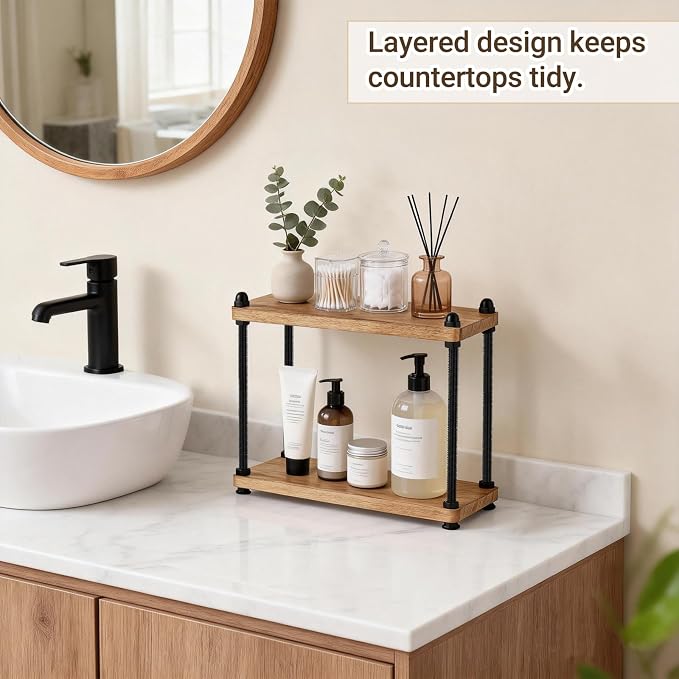 Mkono Bathroom Counter Organizer, 2 Tier Rustic Wood Countertop Sink Shelf | Light Brown, Skincare Makeup Spices Mugs Perfume Holder, Vanity Bedroom Kitchen Coffee Bar Office Storage Decor, Space-Saving - Image 3