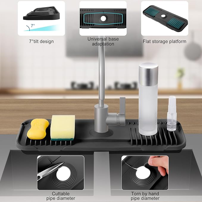 Kitchen Faucet Mat, DK-SIMINA Silicone Faucet Mat Silicone Faucet Drip Catcher with Cuttable Circular Central for Kitchen Sink, Tailor-Made for Faucets with Deck Plate【Black】 - Image 7