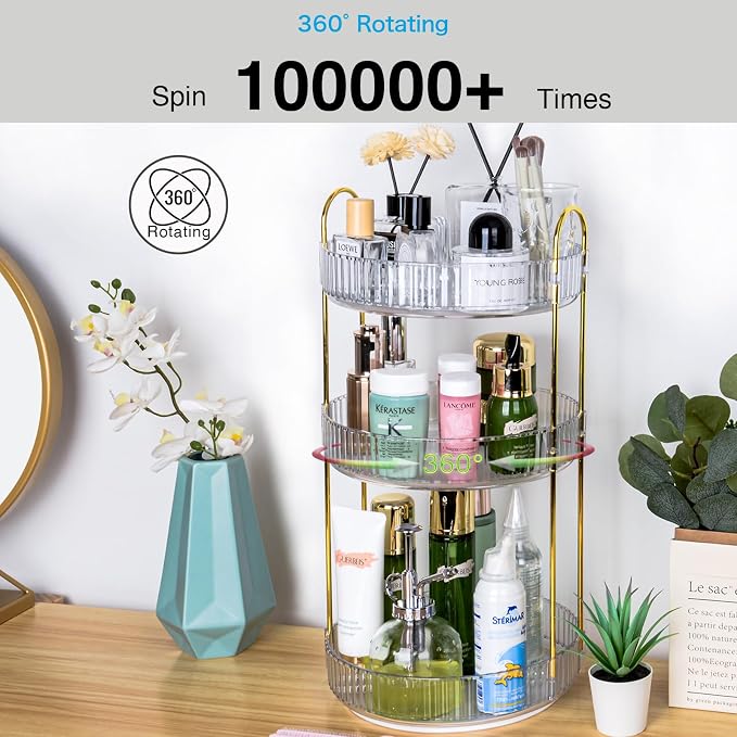 360 Rotating Makeup Organizer, 3 Tier Large Capacity Lazy Susan Bathroom Counter Organizer, Skincare Organizers, Spinning Perfume Organizer & Vanity Organizer Countertop (Golden Clear, 3 Tier) - Image 5