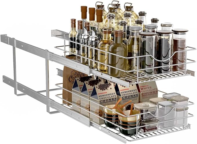 2 Tier Pull Out Cabinet Organizer,(14½"W x 22" D) Soft Close Slide Out Drawer For Kitchen Base Cabinet, Individual Pull Out Shelf, Roll Out Pantry Organization, 22 Inch Deep - Image 7