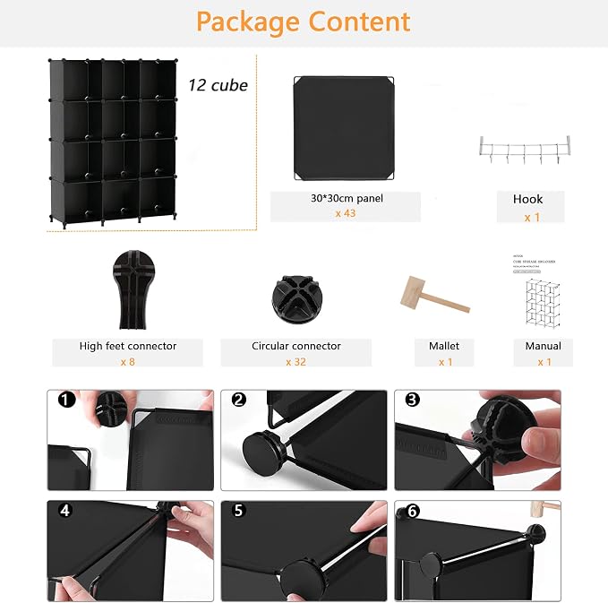 AWTATOS 12 Cube Storage Organizer, Closet Organizer Storage Shelves, Black | Portable Closet, DIY Stackable Storage Cubes Shelve, Plastic Clothes Organizer Shelving for Home, Bedroom - Image 9