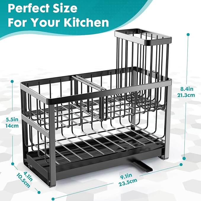 Sinnsally Kitchen Sponge Holder,Sink Caddy Organizer with High Brush Holder,Stainless Steel Sink Box Dish Scrubber Holder,Soap Tray for Kitchen Counter Accessories & Storage Rack(2 Tier - Black) - Image 5