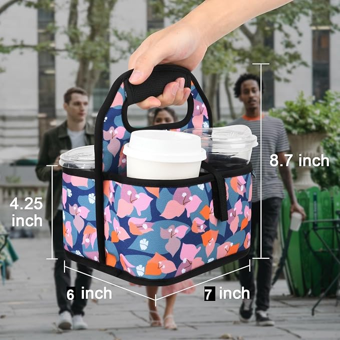 Beautyflier Reusable Insulated Coffee Cup Carrier, Portable Drink Holder with Handle Organizer Tote Bag for Hot & Cold Drinks (Bougainvillea) - Image 2