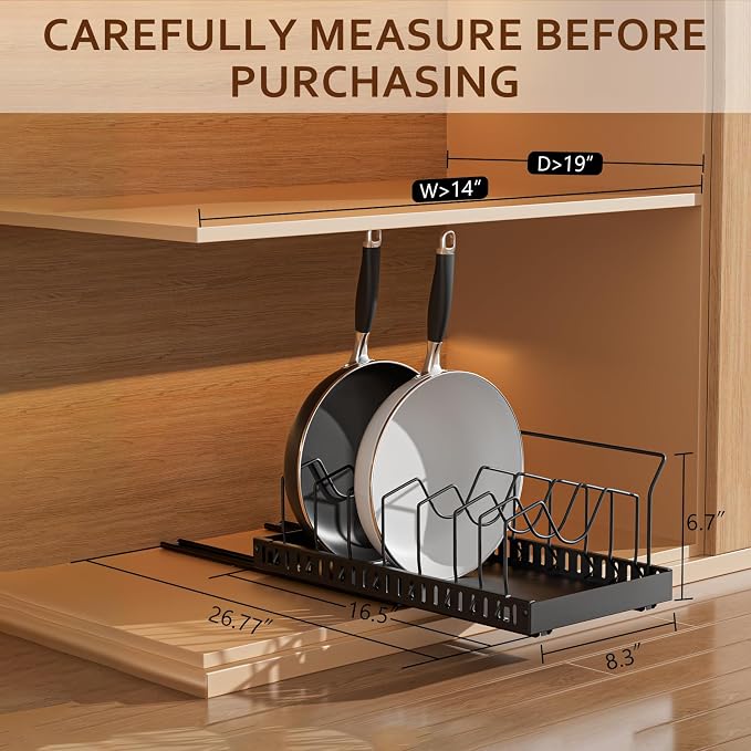 Black 2 Pack Pot Lid Organizer, Pull Out Cabinet Rack, 8 Dividers | 2-pack black carbon steel rack, 16 adjustable dividers, quiet slide rails, adhesive or screw mount for lids, pans, bakeware - Image 2