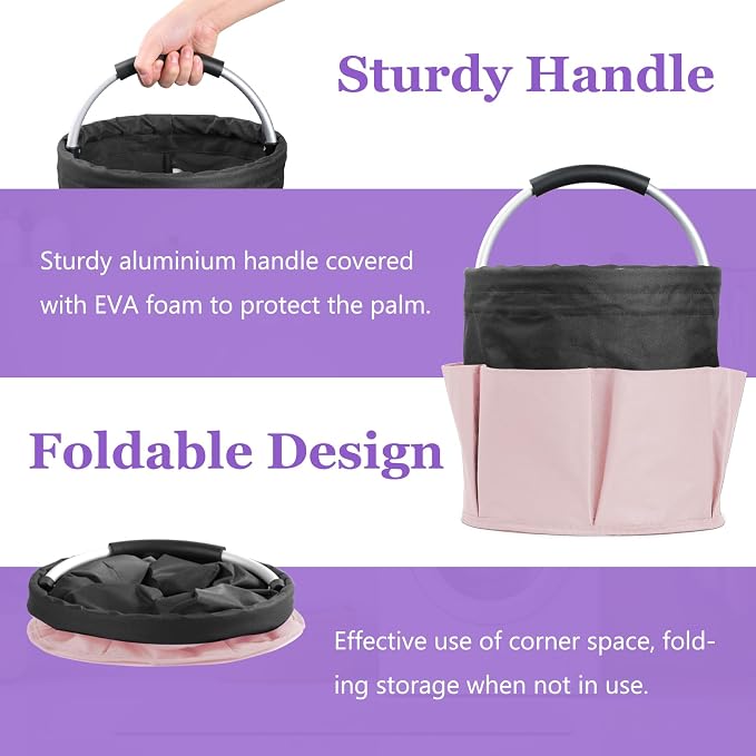 17L Cleaning Supply Caddy for Family, Portable Shower Caddy with Handle and 6 Pockets, Foldable Tool Bucket Organizer, Large Storage Basket for Camping, Gardening, Black with Pink - Image 8