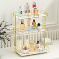 Bathroom Organizer Countertop Perfume Organizer Makeup Organizer Cosmetics Storage Display Rack Vanity Tray Dresser Stainless Steel Gold Shelf White Marble Ceramic Tray by Dobbyby