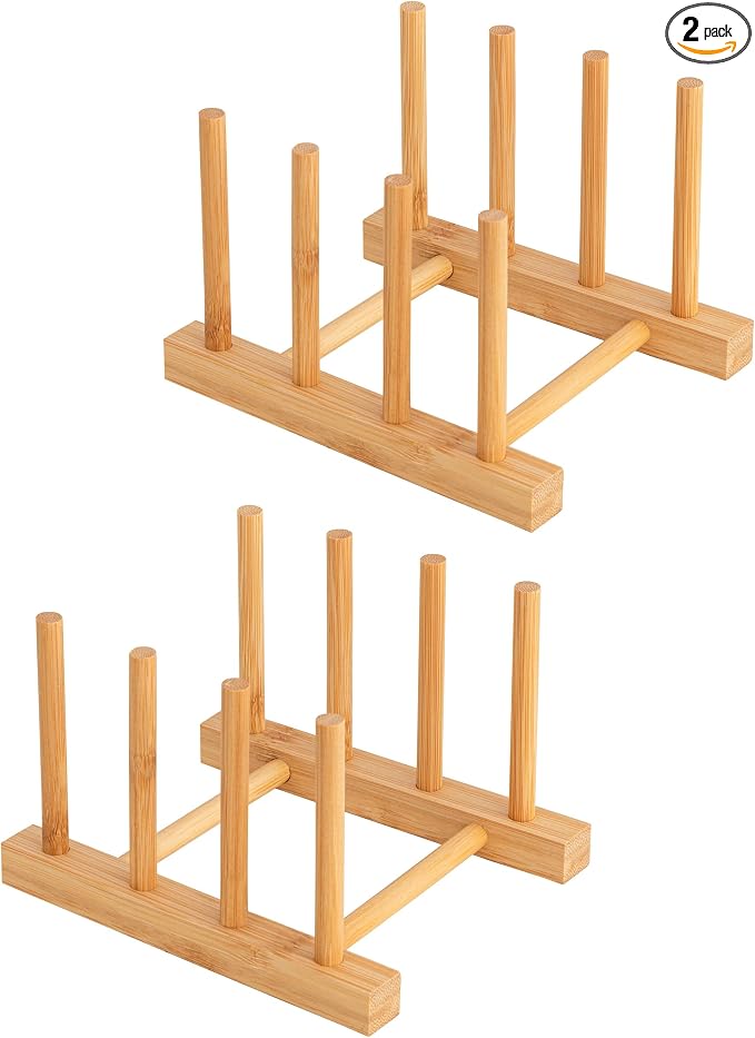 HBlife 2pcs Bamboo Dish Plate Bowl Cup Book Pot Lid Cutting Board Drying Rack Stand Drainer Storage Holder Organizer Kitchen Cabinet（Keep Dry） by HBlife